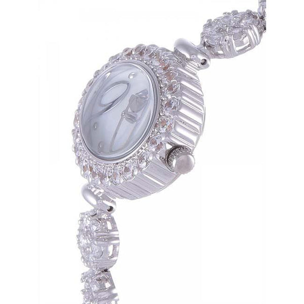 Silver Oval White MOP Dial Watch For Women with Crystals - Heloisa 76120110