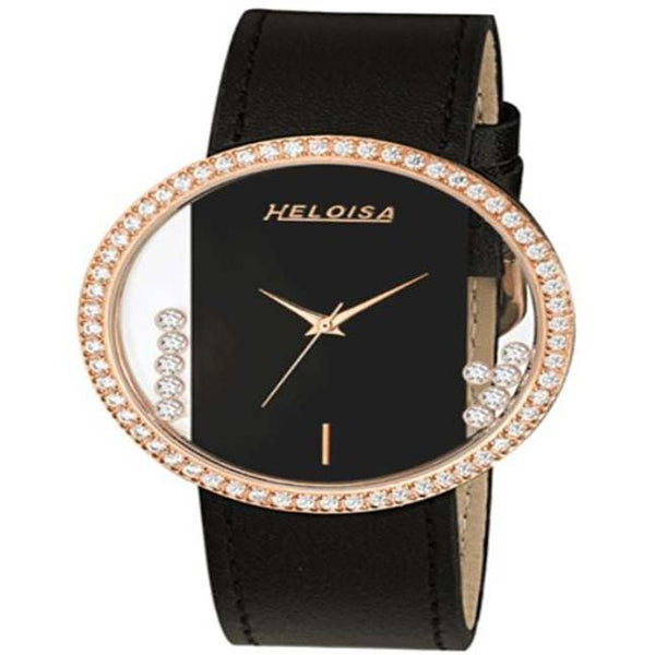 Round Rose Gold Case with Black Dial and Black Leather Strap Transparent Watch For Women - Heloisa 76120172