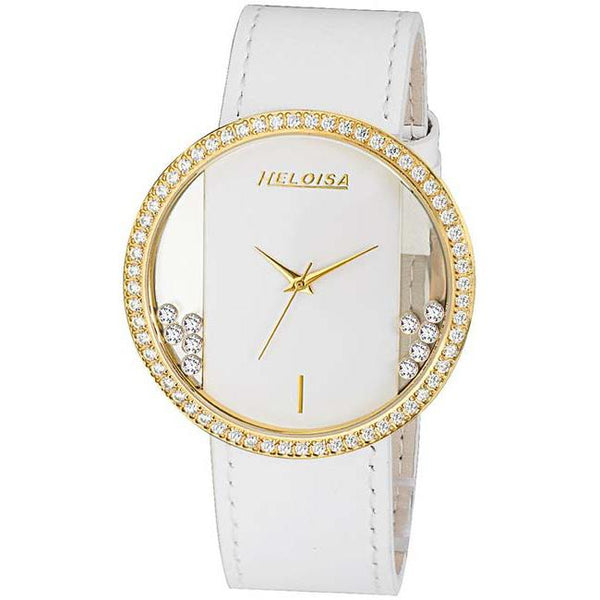 Round Gold Case with White Dial and White Leather Strap Transparent Watch For Women - Heloisa 76120173