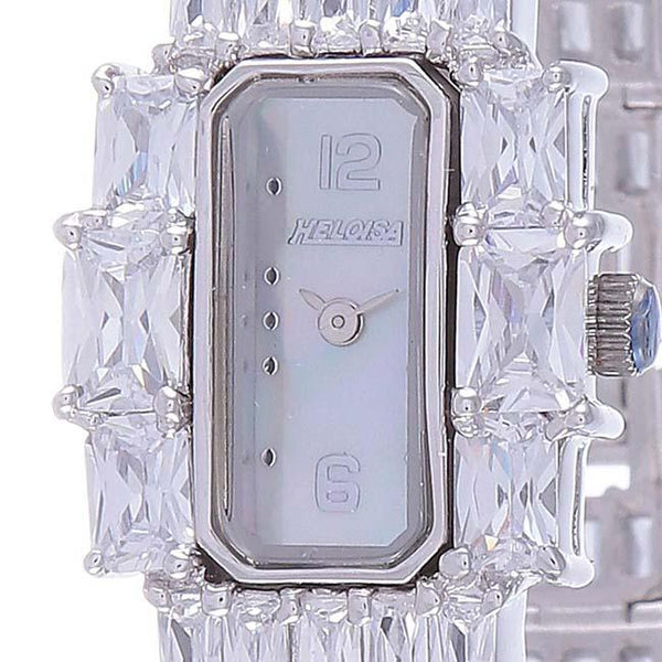 Silver Rectangular Case with White MOP Dial Watch  For Women with Crystals - Heloisa 76010125