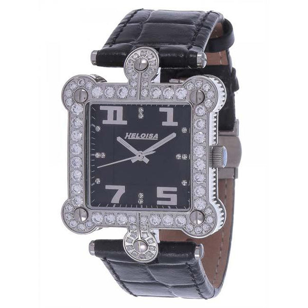 Black Genuine Leather with Crystals Silver Watch for Men and Women - Heloisa 76120050