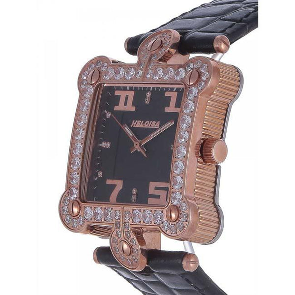 Black Genuine Leather with Crystals Rose Gold Watch for Men and Women - Heloisa 76120051