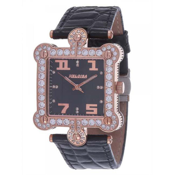 Black Genuine Leather with Crystals Rose Gold Watch for Men and Women - Heloisa 76120051