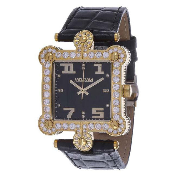 Black Genuine Leather with Crystals Gold Watch for Men and Women - Heloisa 76120052