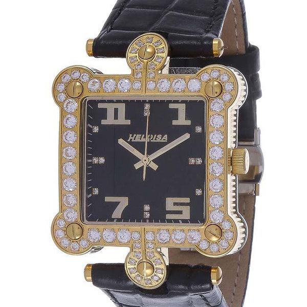 Black Genuine Leather with Crystals Gold Watch for Men and Women - Heloisa 76120052