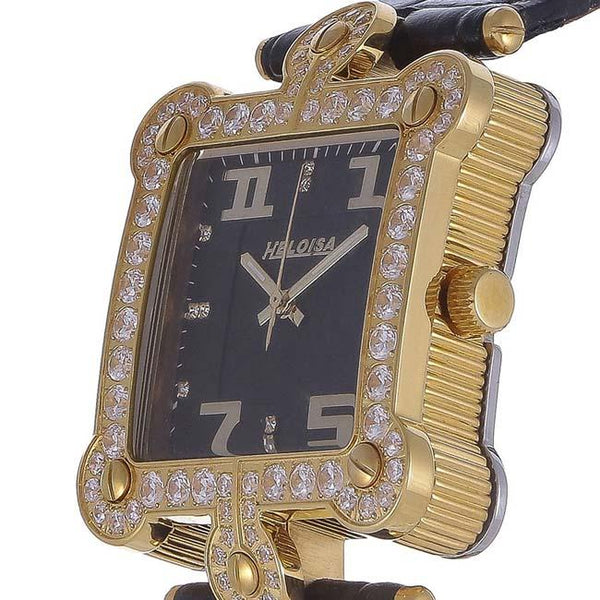 Black Genuine Leather with Crystals Gold Watch for Men and Women - Heloisa 76120052