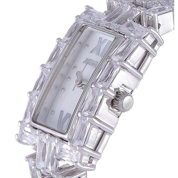 Silver Rectangular Case with White MOP Dial Watch  For Women with Crystals - Heloisa 76120128