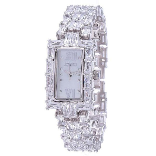 Silver Rectangular Case with White MOP Dial Watch  For Women with Crystals - Heloisa 76120128