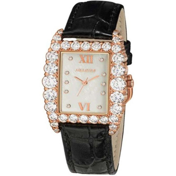 Rose Gold Rectangular Case with Crystals and Genuine Black Leather Watch For Women - Heloisa 76120168