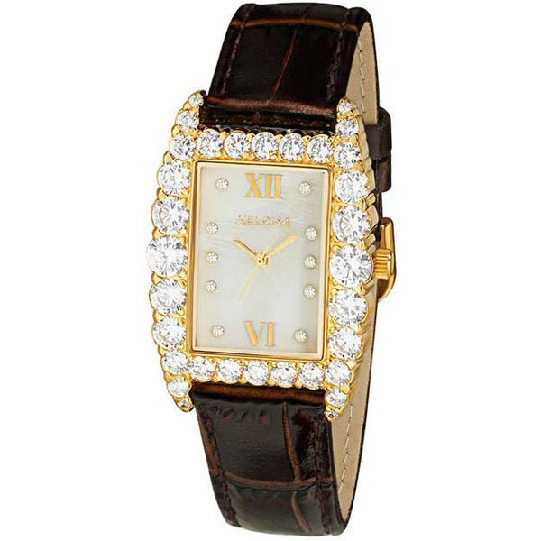 Silver Rectangular Case with Crystals and Genuine Brown Leather Watch For Women - Heloisa 76120169