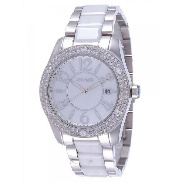 Dual Toned Ceramic Band With Crystals White MOP Dial Watch For Men and Women -Heloisa 76120206