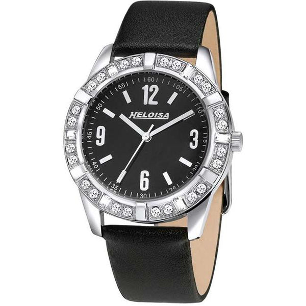 Round Case Black Dial and Black Leather Band with Crystals Watch For Women - Heloisa 76120232