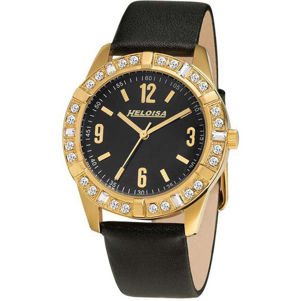 Round Golden Case Black Dial and Black Leather Band with Crystals Watch For Women - Heloisa 76120233