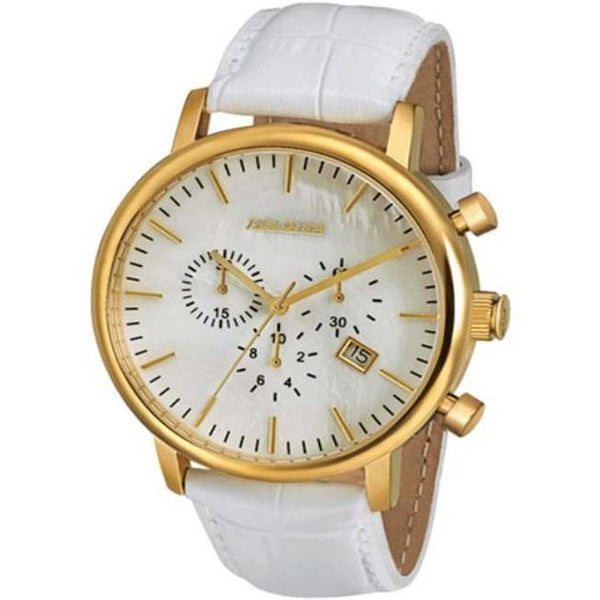 White Leather with White MOP Round Dial  Golden Case Chronos Watch  For Men - Heloisa 76120244