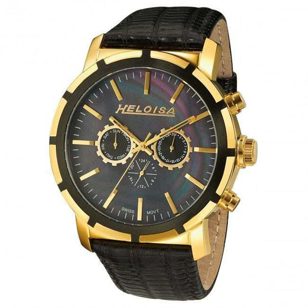 Black Leather Multifunction Black MOP Dial Golden Case Chronos Watch  For Men - Heloisa 76120247