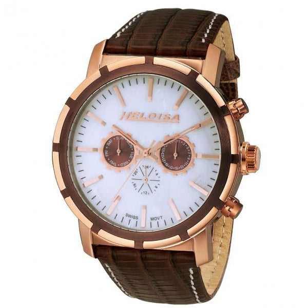 Brown Leather Multifunction White MOP Dial Rose Golden Case Chronos Watch  For Men - Heloisa 76120248