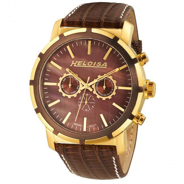 Brown Leather Multifunction coffee MOP Dial Golden Case Chronos Watch  For Men - Heloisa 76120249