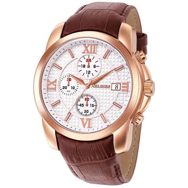 Brown Leather with White Dial Chronos Watch  For Men - Heloisa 76120308