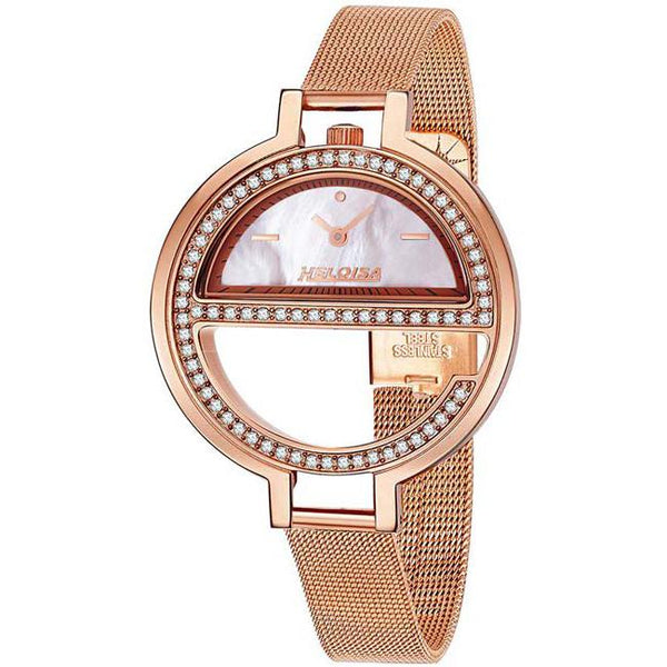 Rose Gold Round "e-Shape" Stainless Steel with White MOP and Mesh Band Watch  For Women - Heloisa 76120314