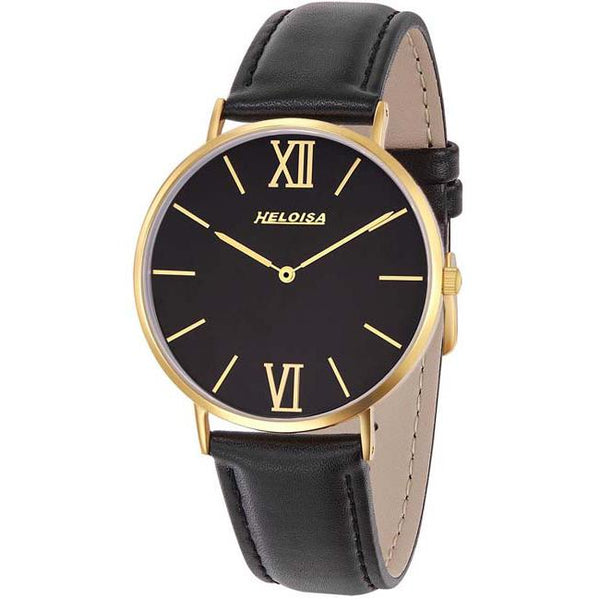 Black Leather Band with Black Dial Round Golden Case Watch For Men - Heloisa 76120328