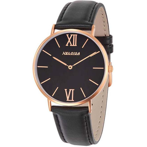 Black Leather Band with Black Dial Round Golden Rose Case Watch For Men - Heloisa 76120330