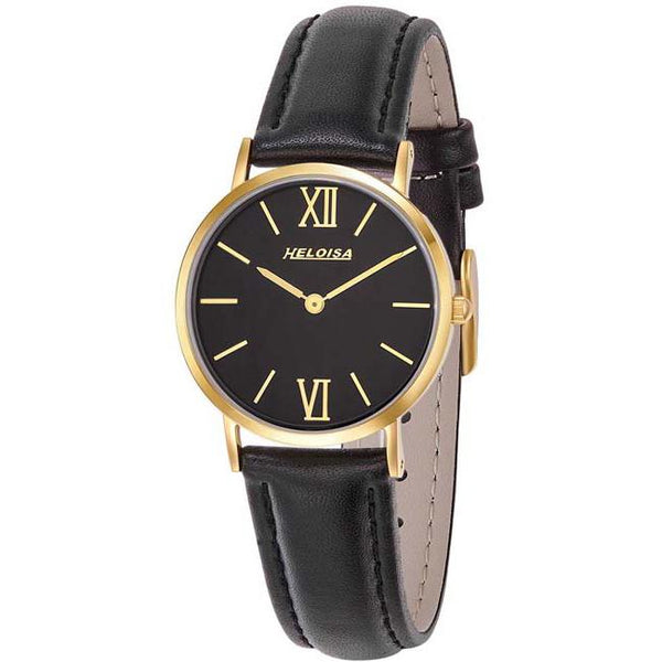 Black Leather Band with Black Dial Round Golden Case Watch For Women - Heloisa 76120334