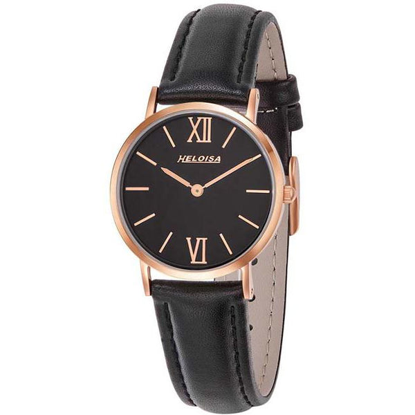 Black Leather Band with Black Dial Round Golden Rose Case Watch For Women - Heloisa 76120336