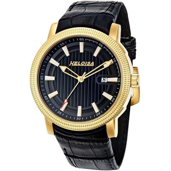 Black Leather Band and Black Dial Round with Crystals Golden Case Watch For Men - Heloisa 76120351