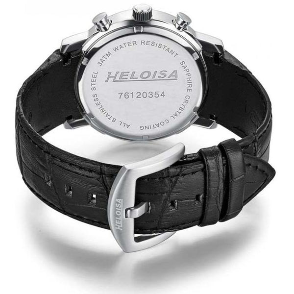 Black Leather Band and Silver Dial Round with Crystals Case Chronograph Watch For Men - Heloisa 76120354