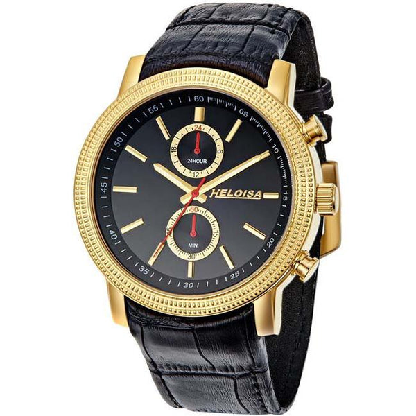 Black Leather Band and Black Dial Round with Crystals Golden Case Chronograph Watch For Men - Heloisa 76120355